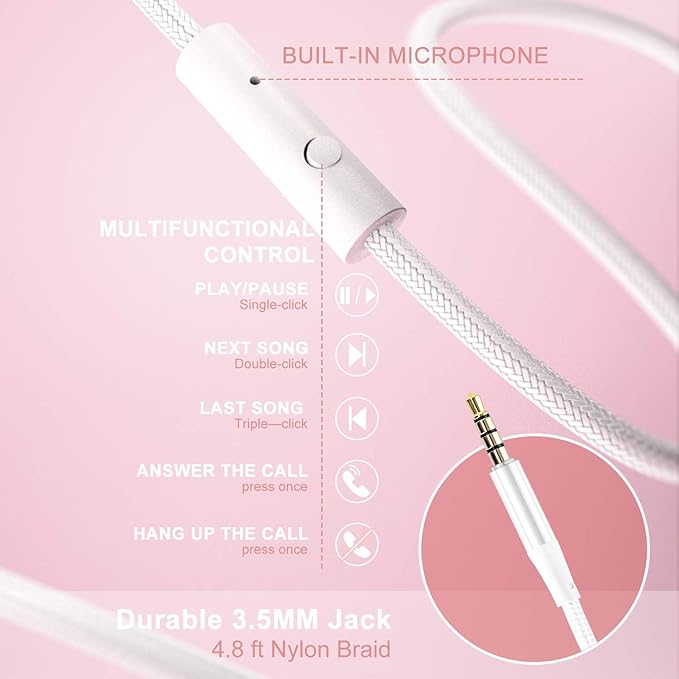LORELEI X8 Over-Ear Wired Headphones with Microphone with 1.45m-Tangle-Free Nylon Line&3.5mm Plug,Lightweight Foldable & Portable Headphones for Smartphone,Tablet,Computer,Mp3/4（Pearl Pink）