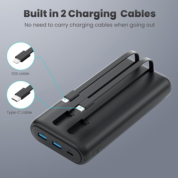 Upgraded Portable Charger 40800mAh Power Bank - Portable Battery with 2 Built in Cables,PD 25W USB C Fast Charging Battery Pack Compatible with iPhone 16 15 14 13 Android Phone etc-Black