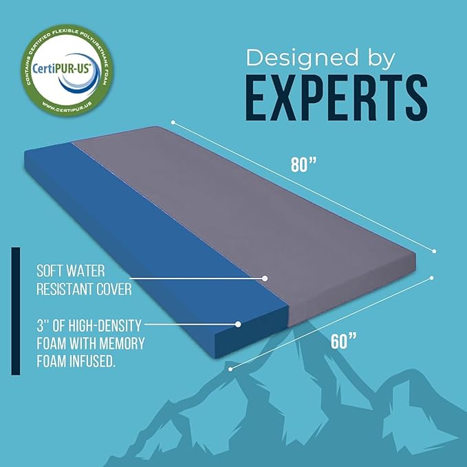 Foamma 3" x 60" x 80" Memory Foam Roll-Up Camping Mattress with Water Resistant Zipper Cover, Foldable and Portable for Camping, RV Bunk, Tent, Guest Bed, Outdoor and Dorm, CertiPUR-US Certified Foam