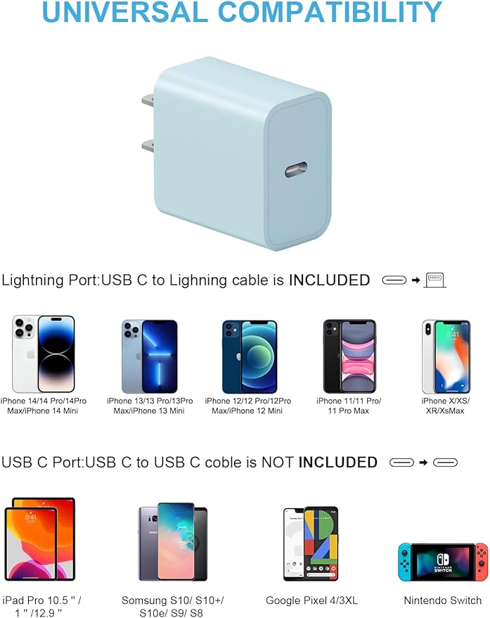 10FT iPhone 14 13 12 Charger Fast Charging 20W PD USB C Wall Charger with 10FT Fast Charging Cable Compatible iPhone 14/13/12/11/Pro/Pro Max/Mini/Xs Max/XR/X, iPad - Blue