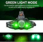 BORUIT RJ-3000 Rechargeabe LED Headlamp Super Bright with Green Light, 3 Modes Super Bright USB Head Lamp IPX4 Waterproof Headlight for Adults USB Outdoor Fishing Camping