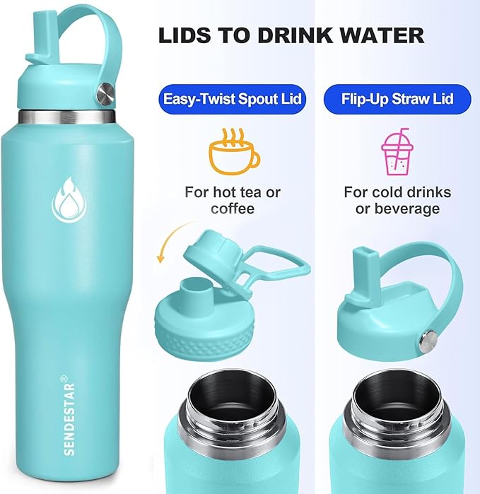 SENDESTAR 40oz Stainless Steel Water Bottle(Cold for 48 Hrs, Hot for 24 Hrs),Double Wall Vacuum Insulated Bottle with Straw Lid, Spout Lid and Flex Cap, Fit in Any Car Cup Holder