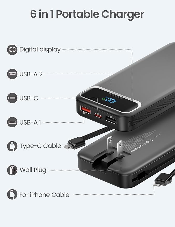 12000mAh Lightweight-Portable-Charger-Power-Bank with Built-in Cables and AC Wall Plug, PD20W USB-C Fast Charging Battery Pack, LED Display External Travel Phone Charger for All iPhone,Samsung,Android