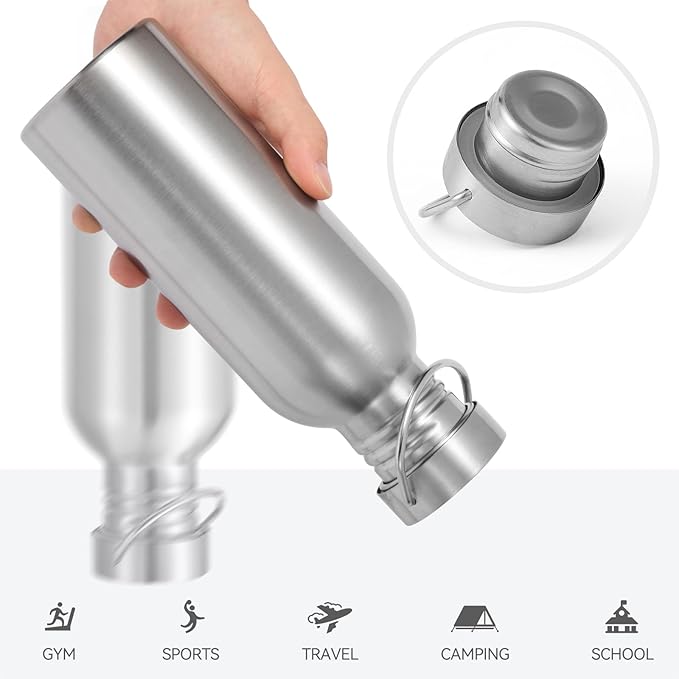 Volhoply 22oz Stainless Steel Water Bottle with Handle,Non Insulated Single Wall, Dishwasher Safe No Plastic 18/8 304 Metal Water Bottles with Wide Mouth for Camping, Hikers, Cyclists