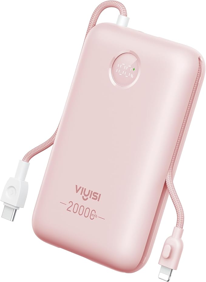 Power Bank 20000mAh 30W Fast Charging Portable Charger with Built-in Cables & LED Display, USB C Battery Pack for iPhone 16/15/14, Samsung, iPad and Android Phones, Ideal for Travel -Light Pink