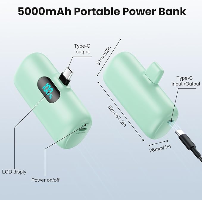 Mini Portable Charger USB C Power Bank,Upgraded 5000mAh PD Fast Charging Battery Pack Built-in USB-C Connector,LCD Display,Compatible with iPhone 15,15 Plus,15 Pro/Max,iPad Pro/Air, Android Phone etc