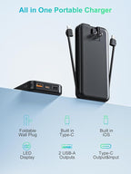 Portable Charger, 12000mAh 22.5W Type C Fast Charging Power Bank with Built-in Cables & Wall Plug, External Battery Bank with LED Display, Travel Essential Battery Pack for iPhone, iPad, Samsung Black