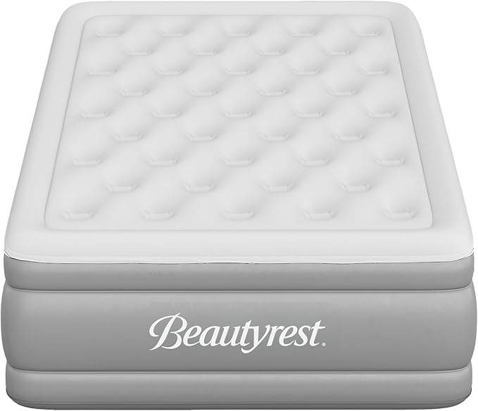 Beautyrest Skyrise Twin Size Air Mattress with Coil Beam Construction, Edge Support with External Pump and Puncture Resistant Vinyl for Guests and Camping