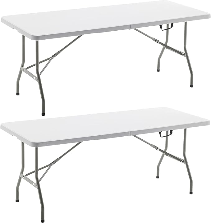 BTEXPERT Set of 2, Fold-in-Half Folding Utility Table 6 Feet 72"x 29.5" Lightweight Portable Carrying Handle Indoor Outdoor Picnic Camping Office Home Party Wedding Event Easy Clean Store Care White