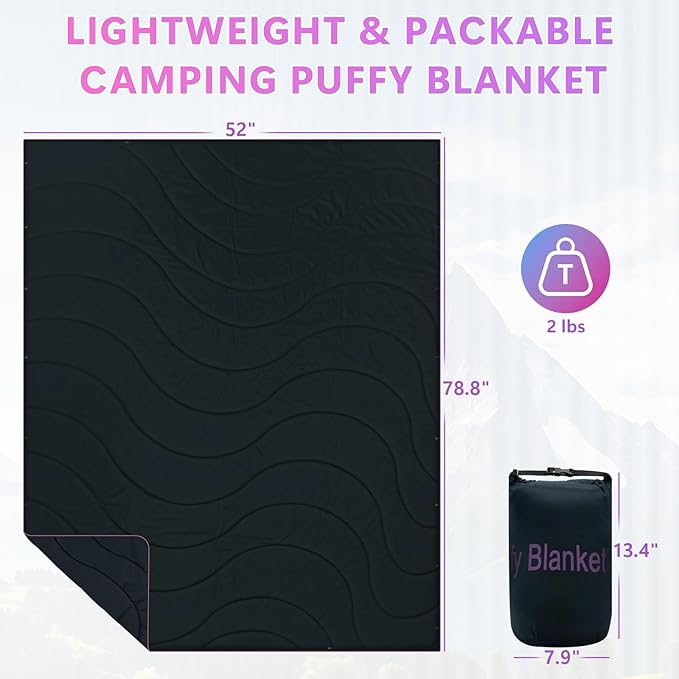 Camping Blanket, Packable Lightweight Down Alternative Puffy Camping Picnic Outdoor Blankets Warm Waterproof Hammock Top Quilt for Sleeping Travel Stadium Hiking Indoor Cold Weather 55"x78.8"
