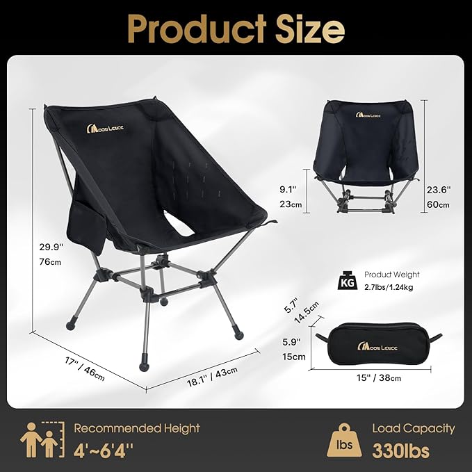 MOON LENCE Portable Camping Chair Plus, Upgraded Comfort & Size, Compact and Lightweight Still, Folding Chair for Backpacking & Hiking, 330Lbs Capacity (Black 2 Pack)