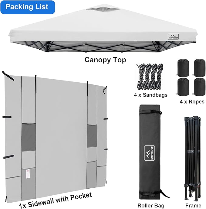 KAMPKEEPER 10x10 Pop Up Canopy Tent with Sidewall - Easy Setup Sun Shelter, Outdoor Shade with Vented Roof for Backyard | UV & Rain Portable Instant Camping Beach Canopy Tents (White)
