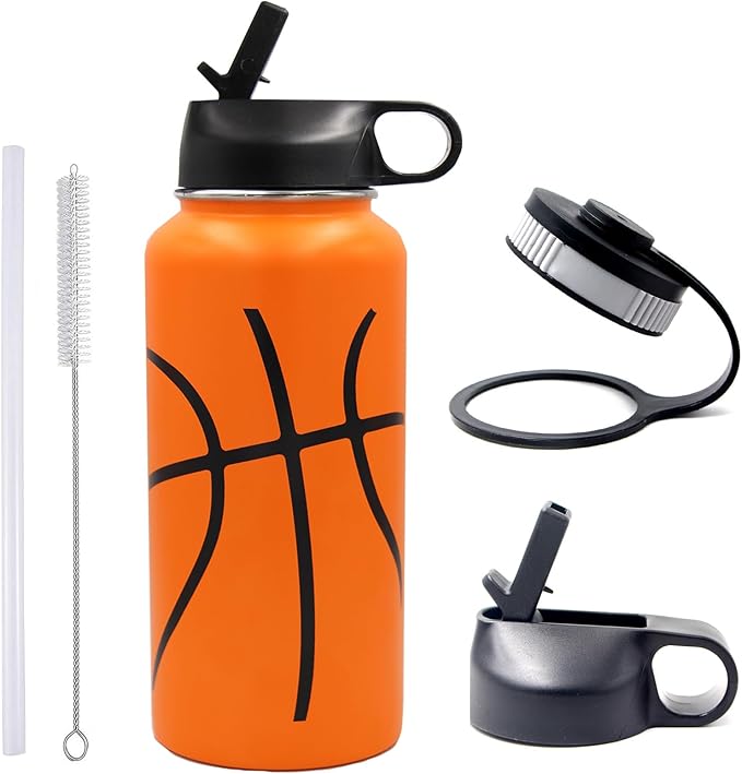 32 oz Basketball Water Bottle, Wide Mouth Sports Flask Metal Travel Mug with 2 Lids, Stainless Steel Double Wall Vacuum Insulated Leak Proof Water Bottles, Basketball Accessories Gifts for Boys Girls