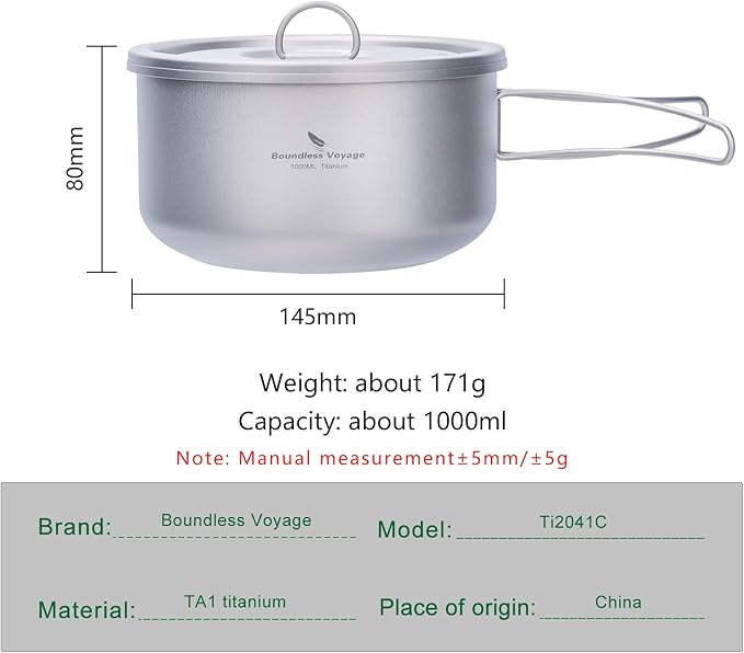 Boundless Voyage Titanium Pot Multifunctional Cooker Ultralight Camping Pot with Handle & Lid Outdoor Open Fire Cookware for Backpacking, Hiking, Bushcraft Cooking Ti2041C