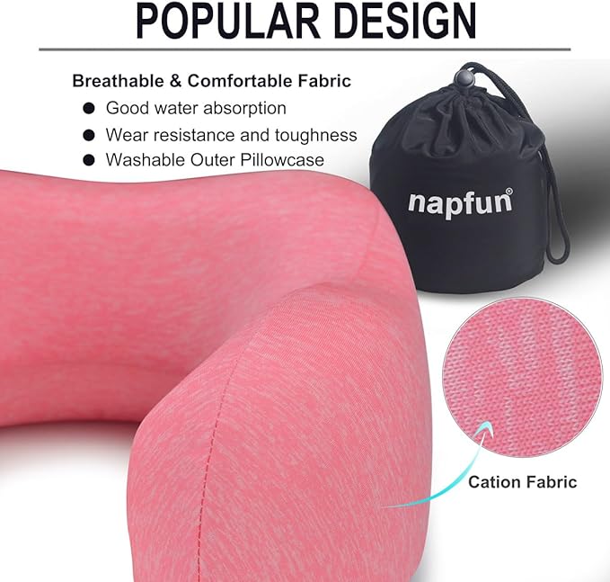 napfun Neck Pillow for Traveling, Upgraded Travel Neck Pillow for Airplane 100% Pure Memory Foam Travel Pillow for Flight Headrest Sleep, Portable Plane Accessories, Rose
