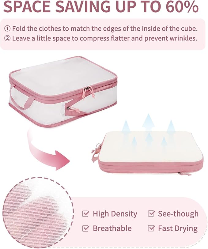 ECOHUB 6 Set Compression Packing Cubes, Gifts for Women Mom, Lightweight Vacation Travel Essentials Accessories for Suitcase Luggage Organizer Bags Set with YKK Zippers Shoe Bag, Pink