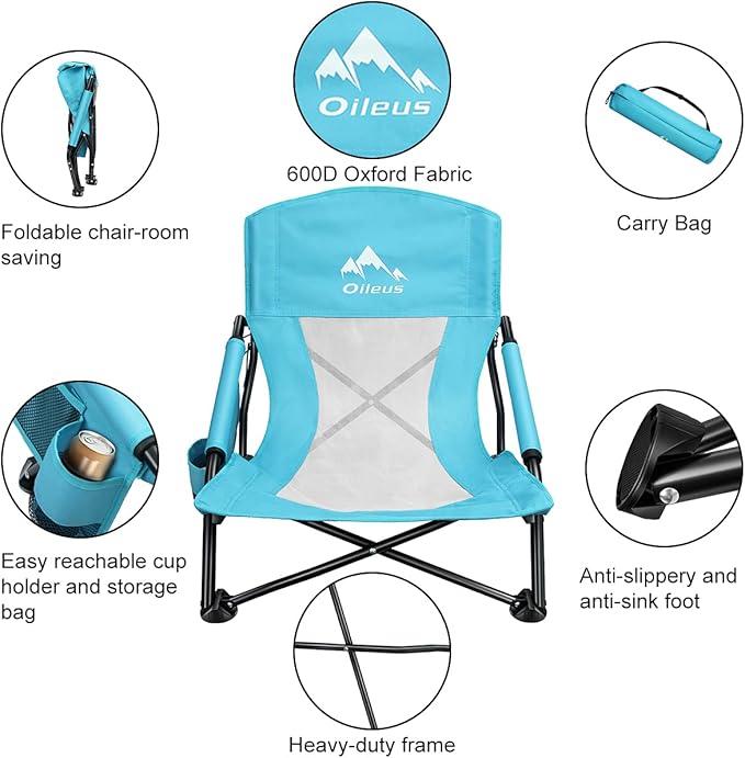 Oileus Low Beach Chair for Beach Tent/Shelter/Camping/Outdoor Ultralight Backpacking Folding Recliner Chairs with Cup Holder/Storage Bag, Carry Bag, Breeze Mesh Back, Compact Duty 2 Pcs