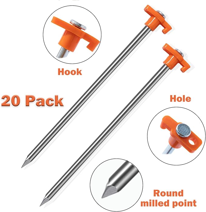 Cheardia 20 Pack Tent Stakes Heavy Duty, 9.75 Inch Yard Stakes Non-Rust Metal Tent Pegs Ground Stakes Tent Spikes for Camping Patio, Garden, Canopies, Grassland, Outdoor, Orange