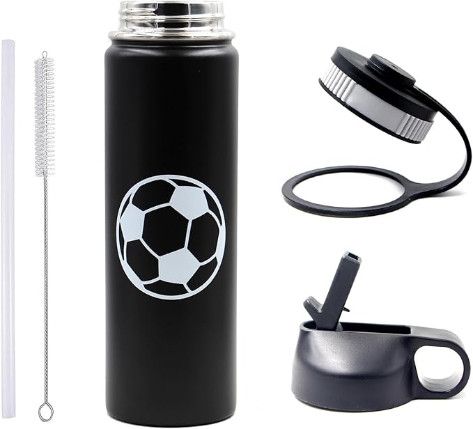 22 oz Soccer Water Bottle, Sports Flask Metal Thermo Travel Tumbler with 2 Lids, BPA Free 18/8 Stainless Steel Leak Proof Double Wall Vacuum Insulated Water Bottles, Soccer Gifts for Boys Girls Player