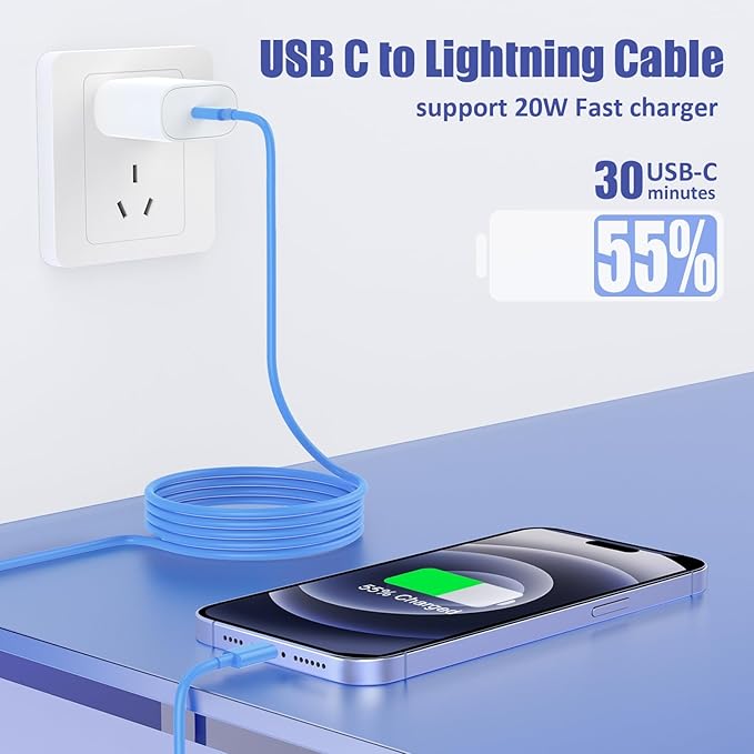 3Pack USB C to Lightning Cable 10FT, Fast Charging Cord for iPhone 14, Replacement for Apple Original Charger Cable for iPhone 14 13 12 11 Pro 11 XS MAX XR 8 7 6s Plus-Blue