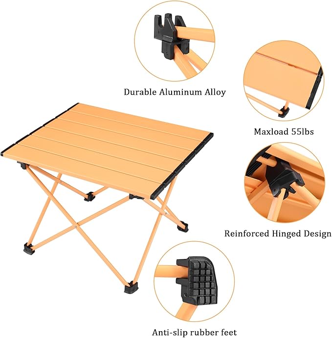 Tesouro Portable Camping Table,Folding Side Table Aluminum Top for Outdoor Cooking, Hiking, Travel, Picnic (Apricot-Small)