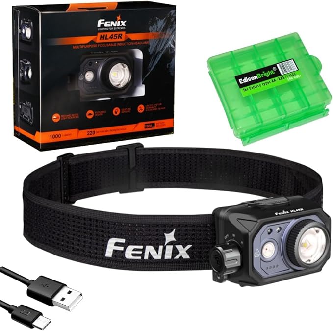 Fenix HL45R 1000 Lumen Adjustable Beam Headlamp, Rechargeable, AAA Dual Fuel, Gesture Sensing, Floodlight,Spotlight, Red Light with EdisonBright Battery Carrying case