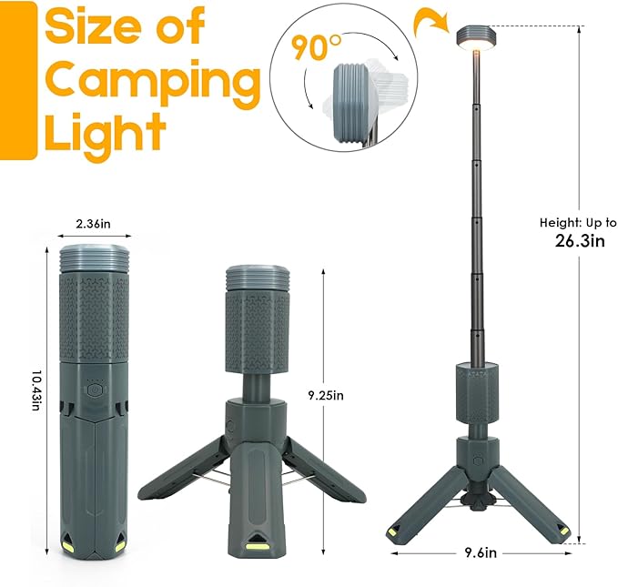 Telescopic Camping Lights, Rechargeable 10500mAh Camping Lantern with Storage Bag, Waterproof LED Camp Lamp with Magnetic, Portable Outdoor Tent Light for Hiking,Emergency,Fishing (Gray)