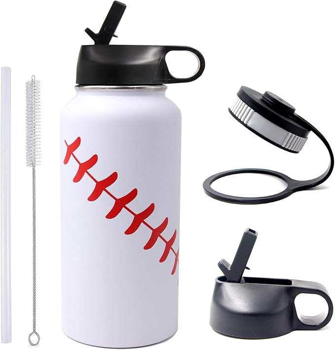 32 oz Baseball Water Bottle, Wide Mouth Sports Cup Flask Metal Travel Mug with 2 Lids, Stainless Steel Double Wall Vacuum Insulated Water Bottles, Baseball Accessories Gifts for Mom Men Fan Boys Girls