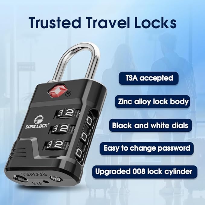 SURE LOCK TSA Approved Luggage Lock – 3-Digit Resettable Combination Padlock with Open Alert Red Dot, Large Easy-Read Dials for Suitcases, Backpacks, Gym & School Lockers (Black 4 pk)