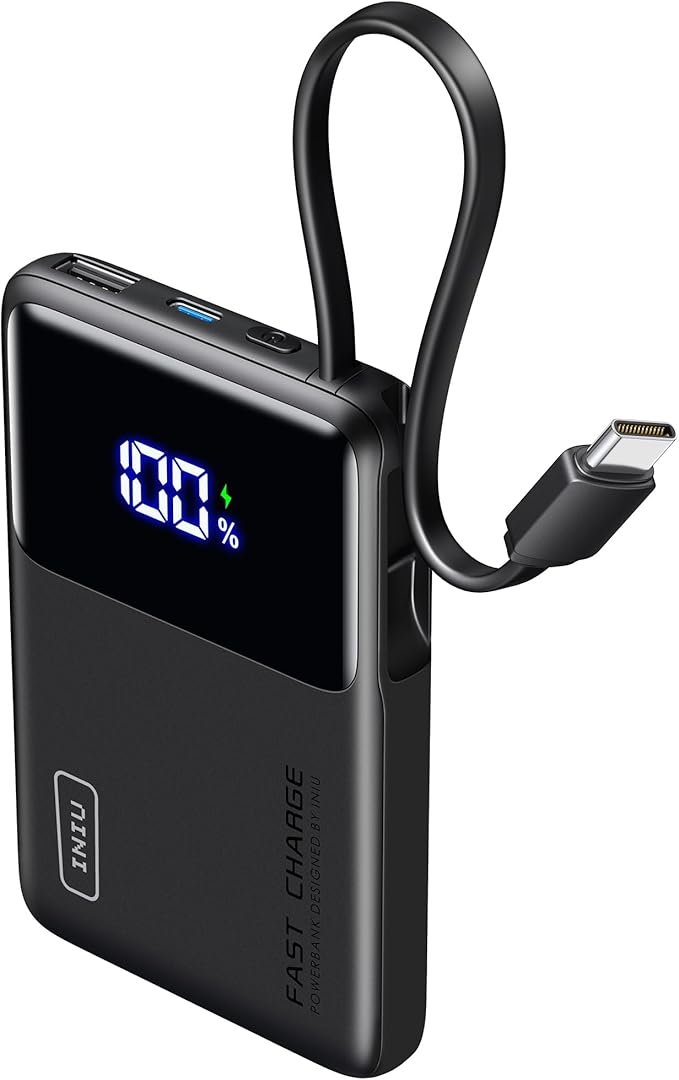INIU 45W Power Bank, Slimmest 10000mAh Portable Charger with Build in USB-C Cable