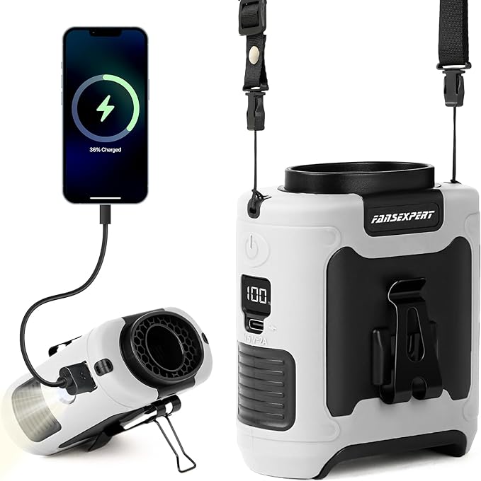 Portable Waist Fan Clip on, Personal Wearable Belt Fan 10000mAh Rechargeable Battery Under Shirt,5 Speeds with light, Neck Fan Hands-Free Cooling For Outdoor Camping Travel (White)