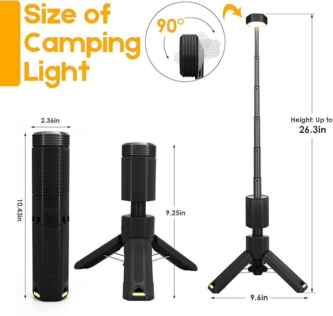 Telescopic Camping Lights, Rechargeable 10500mAh Camping Lantern with Storage Bag, Waterproof LED Camping Lamp with Magnetic, Portable Outdoor Tent Light for Camping,Hiking,Emergency,Fishing (Black)