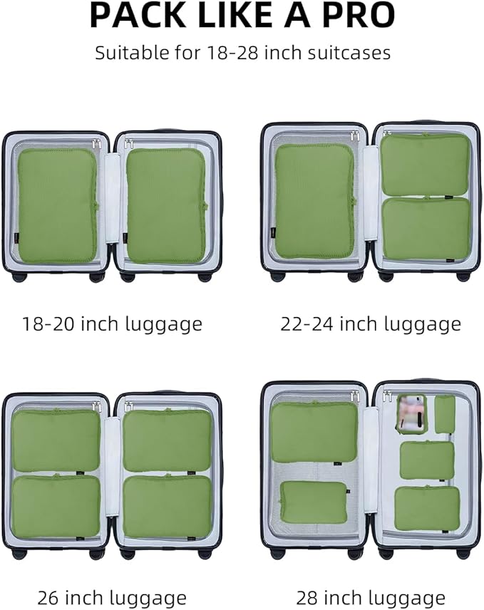 6 Set Compression Packing Cubes for Travel, Large Medium Small Luggage Organizers (Forest Green)