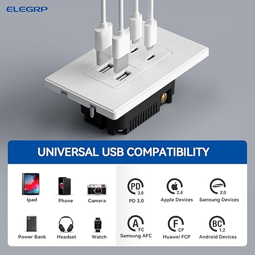 ELEGRP USB Wall Outlet, 42W Fast Charge & Power Delivery 4-Ports USB Charger, Wall Outlet with 4 USB Ports, UL/CUL Listed, Wall Plate Included, 1 Pack, Matte White