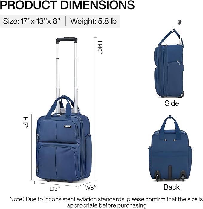 Hanke Softside Underseat Carry On Luggage with Wheels,Travel Luggage Rolling Bag Small Suitcase，Blue, Underseater 16-Inch