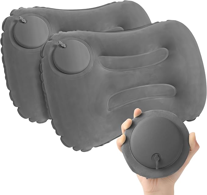 2-Pack Inflatable Camping Pillow, Portable Travel Pillow for Sleeping, Lightweight Compact Inflatable Pillows for Beach, Hiking, Backpacking, Airplane Travel, Press-to-Inflate Design (Grey)