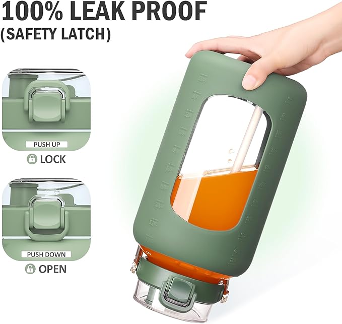 BLUEGO 84oz Water Bottle Glass with Stainless Steel Handle Large 2.5l Water Bottle with Time Markers and Silicone Sleeve Half Gallon Water Jug BPA Free for Gym Daily Use, Olive