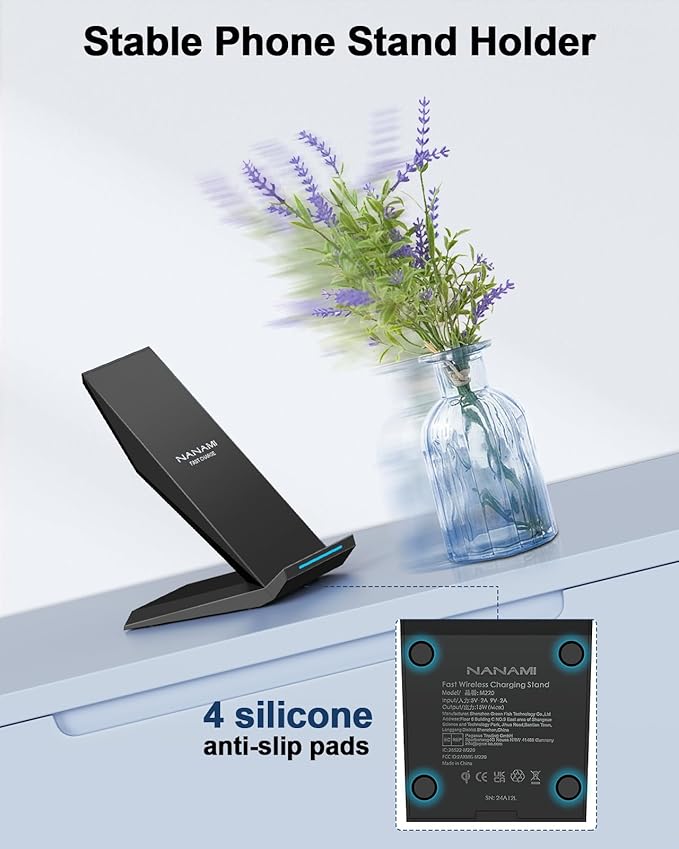 Fast Wireless Charger, NANAMI 15W Qi Certified Wireless Charging Stand Compatible iPhone 17/17 Air/16/15/15 Pro/15 Plus/15 Pro Max/14/13/12, for Samsung Galaxy S25/S24/S23/S22/S21 and Qi-Enabled Phone