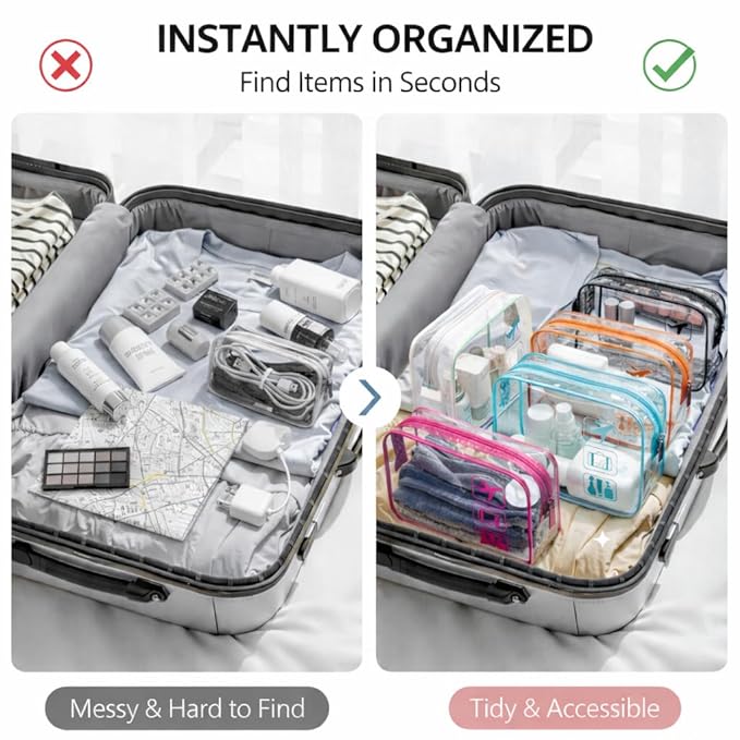 F-color TSA Approved Toiletry Bag 5 Pack Medium - Clear Makeup Bag Travel Quart Size for Women Men, Clear Cosmetic Bag Airport Airline Compliant Carry on Bag, 7.5×5.5×2.2", 5 Colors