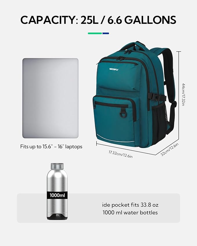 WATERFLY Travel Laptop School Backpack: College Middle School Bookbag for Women Men, TSA Friendly Business Work Casual Daypack with 15.6" Computer Compartment, Anti Theft Water Resistant Commuter Bag