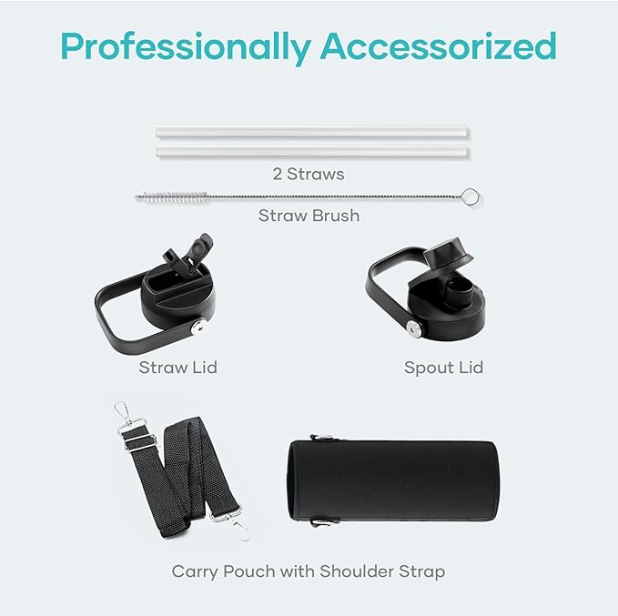 BUZIO 24 oz Insulated Water Bottle, Stainless Steel Wide Mouth Water Flask with Straw Lid, Cold for 48 Hrs Leak Proof Metal Hydro Thermo Canteen Mug, Black