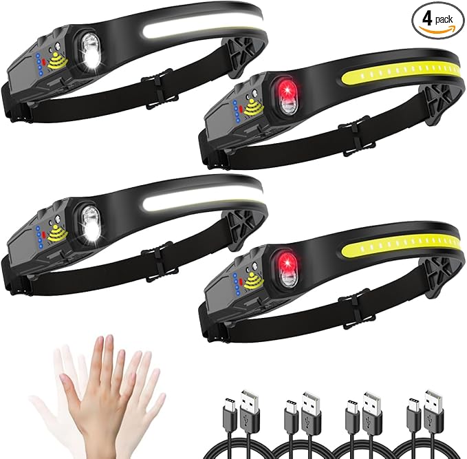 Headlamp Rechargeable 4Pack, 230° Wide Beam Head Lamp, LED Headlamp with Motion Sensor, 7Mode Head Lights for Forehead, Bright Headlamps for Adults, Red Light Headlight, Hard Hat Light, Camping Gear