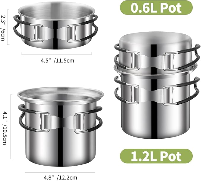 Camping Cookware Mess Kit, Stainless Steel Camping Cooking Set, Backpacking Cooking Set Backpacking Gear with Mini Stove for Camping,Backpacking,Picnic, Hiking