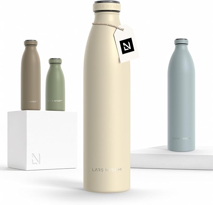 LARS NYSØM Stainless Steel Insulated Water Bottle 12oz 17oz 25oz 34oz 51oz | Insulated Thermo Flask for Hot and Cold Beverages | Leakproof Drinking Bottle (Almond Beige, 33.9oz)
