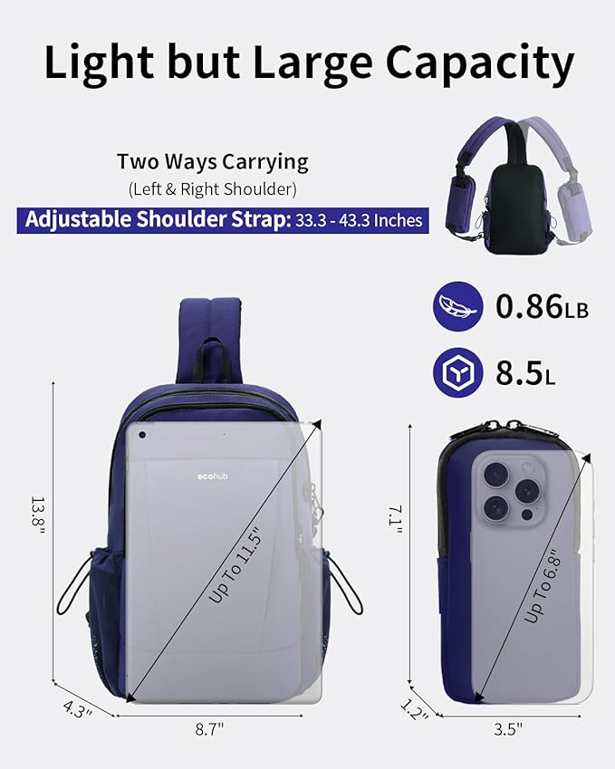 ECOHUB Crossbody Bags for Women Men, Anti-Theft RFID Blocking Roomy Sling Backpack with Sturdy SBS Zippers Water Resistant Chest Shoulder Bag Daypack with 9 Pockets Casual Walk Outdoor, Blue