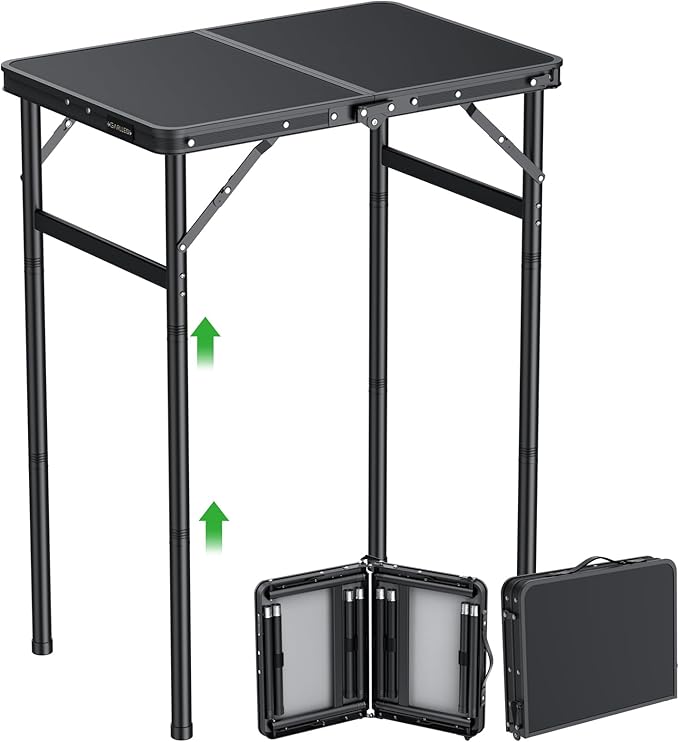 GARLLEN 2ft Folding Camping Table, 3 Adjustable Height Lightweight Picnic Table, Portable Aluminum Grill Table for Outdoor, Camping, Grill, Threaded Install, 23.6" L x 15.7" W, Black