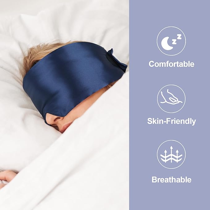 Mulberry Silk Sleep Mask for Side and Back Sleepers, Blackout Eye Mask for Sleeping for Women Men with Adjustable Wide Band, Comfortable Soft Pressureless Eye Cover for Sleeping in Large Size
