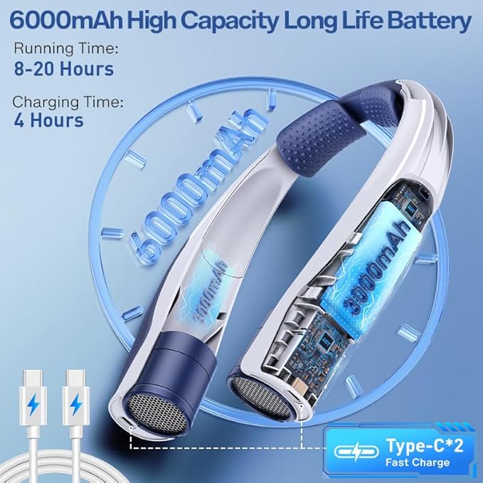 Neck Fan for Men Portable: 5S Fast Cooling, 6000mAh Battery Air Volume, 6 Speeds, Personal Fan for Fathers, Dad - Ultra-Quiet, USB Quick Rechargeable Wearable Cooling Fan (Dark Blue)