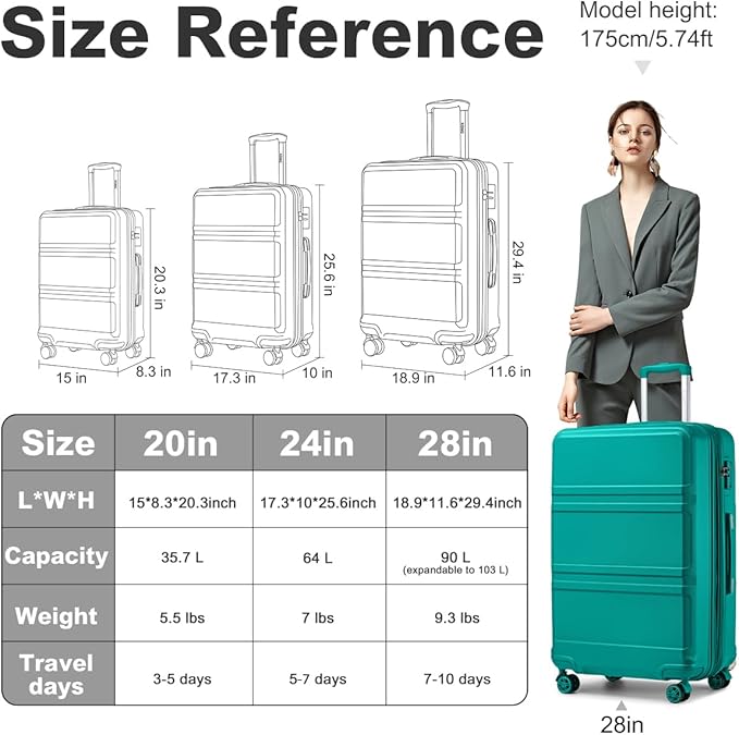 Kono 28 Inch Luggage Expandable Suitcase Lightweight with Spinner Wheels TSA Lock Hardside Large Checked Luggage Durable Rolling Suitcase Turquoise