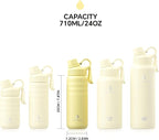 IDEUS Insulated Stainless Steel Water Bottle with 2 Leak-Proof Lids, Thermal Water Flask for Hiking Biking, 24oz, Light Yellow